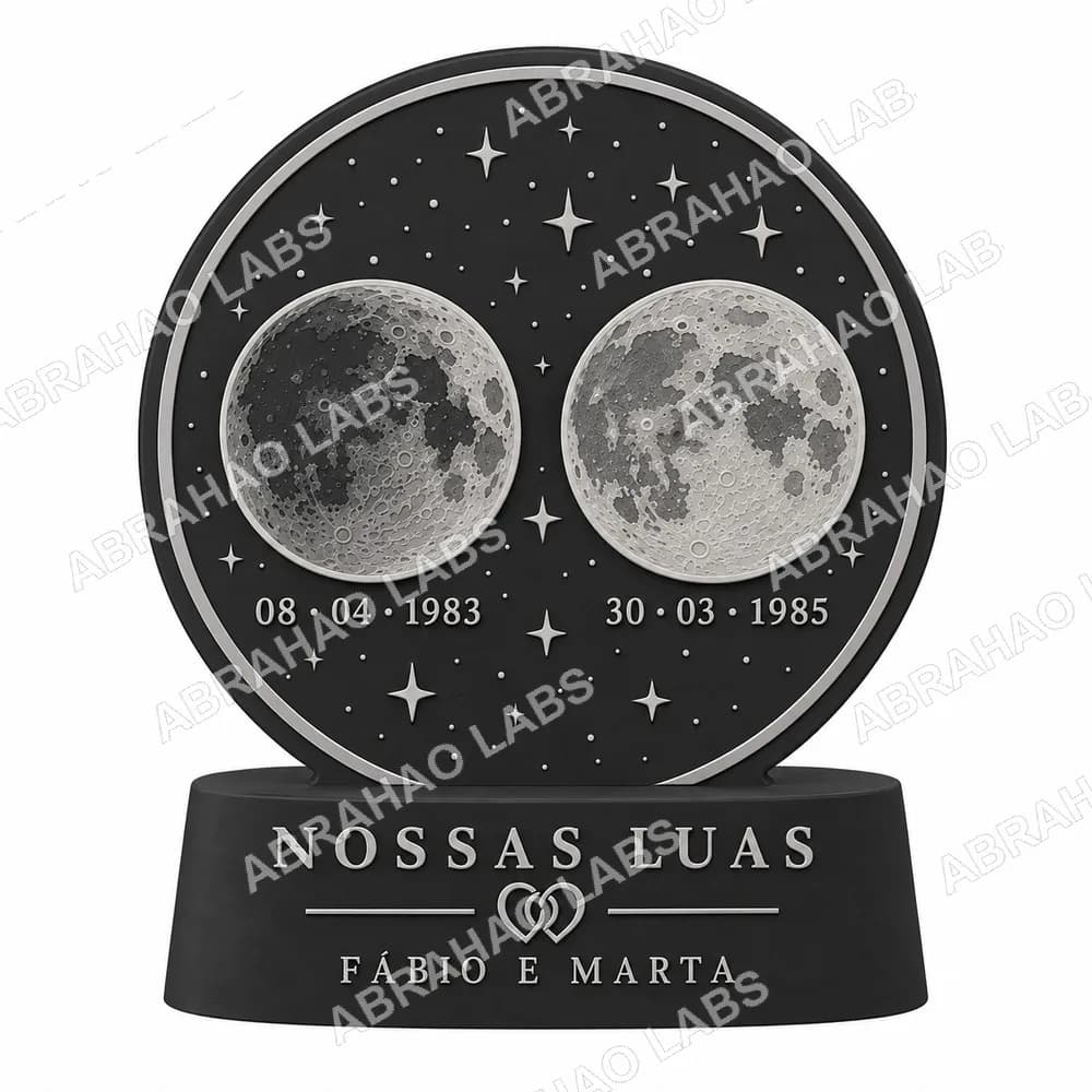 Prévia 3D de luminária personalizada com duas meias luas e base com nomes gravados