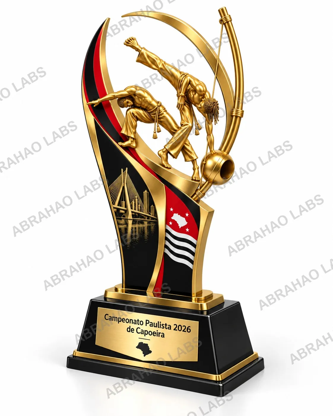Prévia 3D de troféu dourado de campeonato de capoeira com berimbau e detalhes em relevo